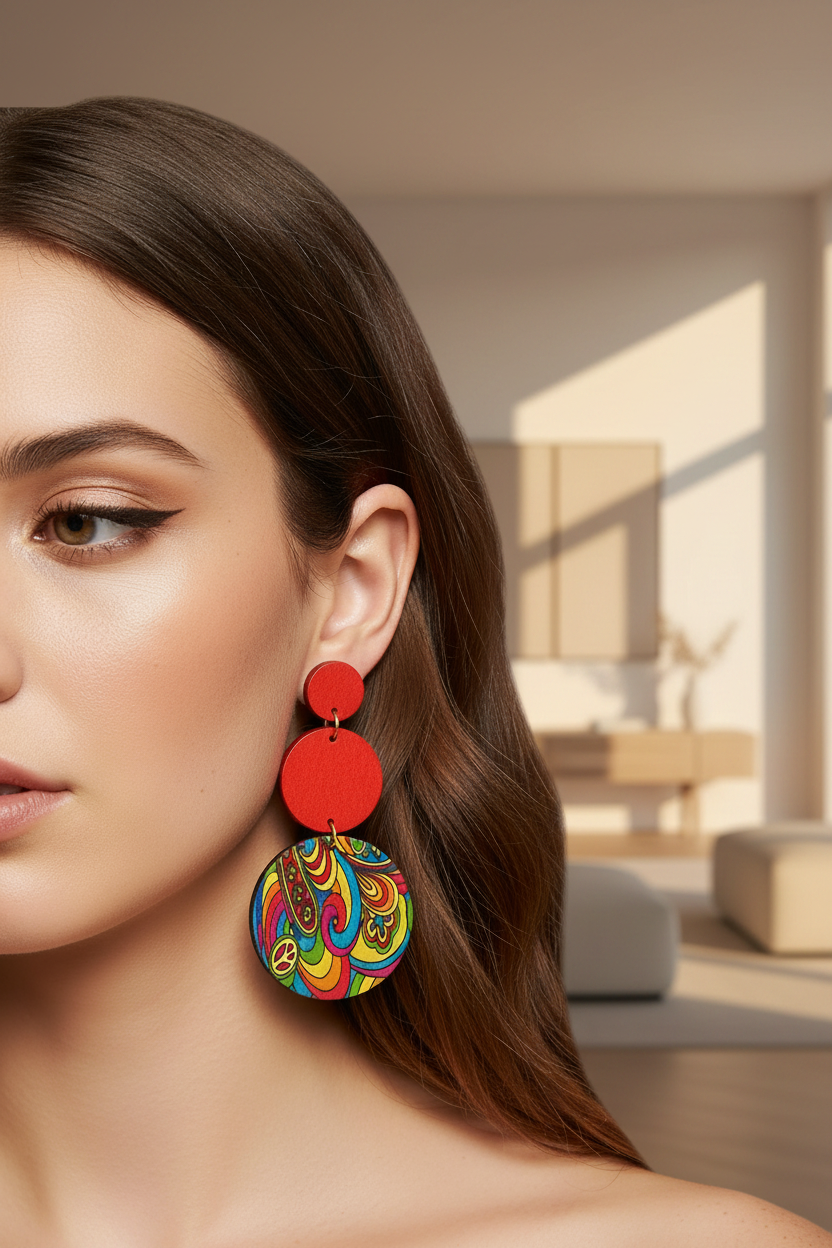 Colorful paisley patterned earrings with red circular tops on a beige background