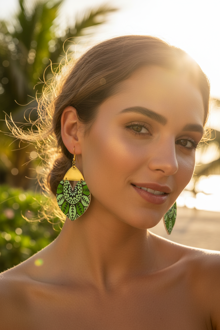 Green patterned earrings with gold hooks on a white background