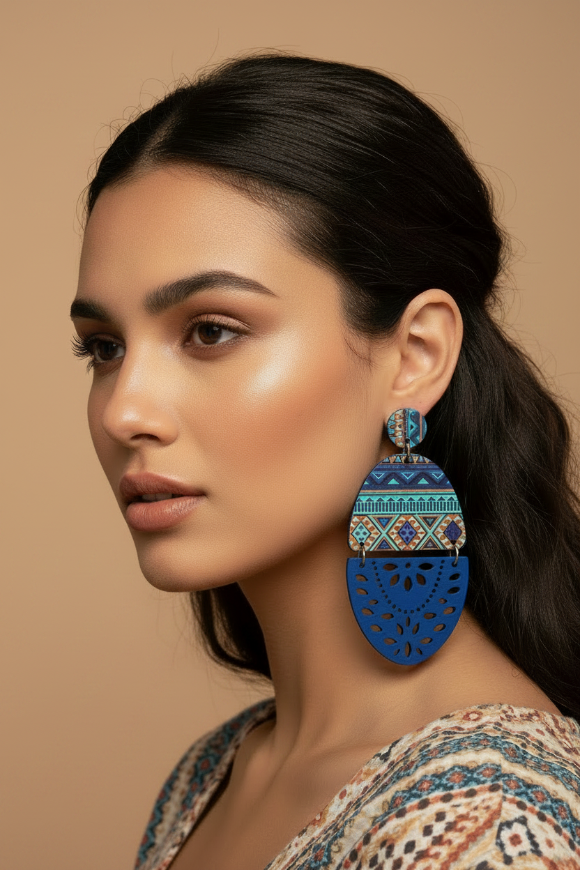 Blue earrings with geometric pattern on a beige background