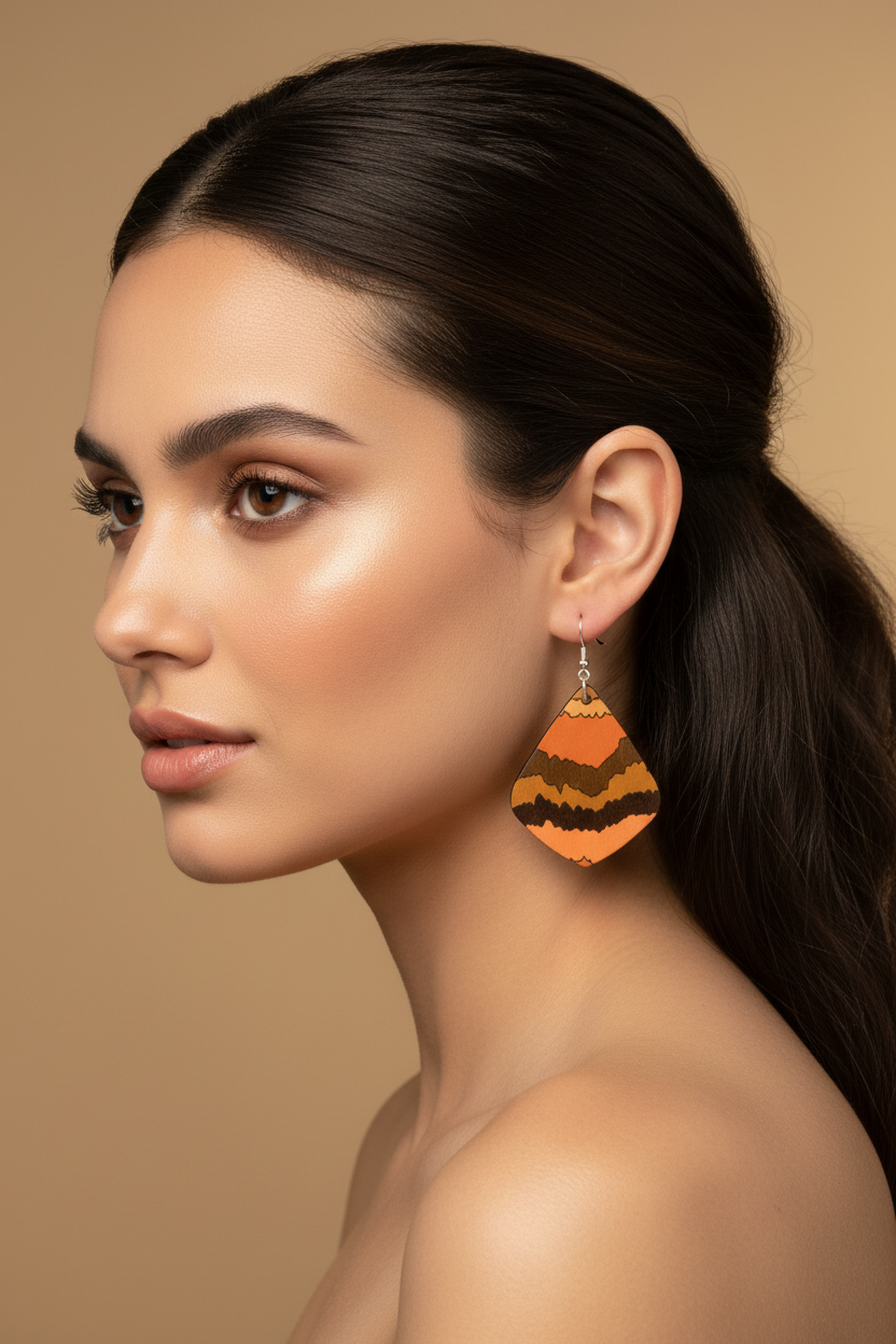 Pair of teardrop-shaped earrings with orange, brown, and black pattern on a beige fabric background.