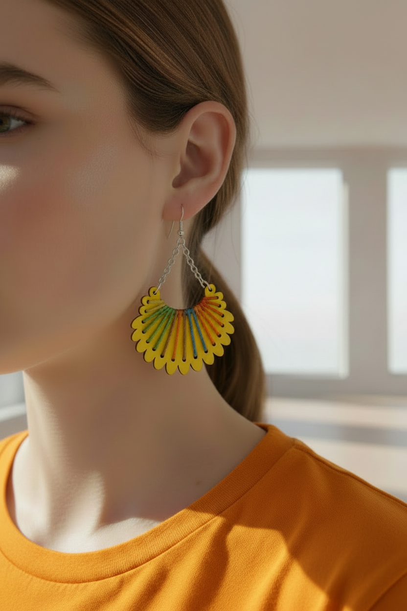 Colorful earrings with scalloped design on a black background