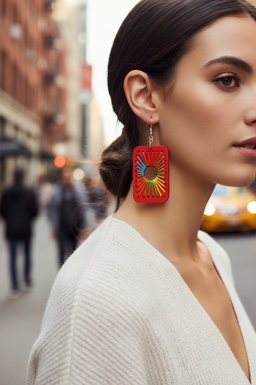 Red square earrings with colorful embroidered designs on a beige background