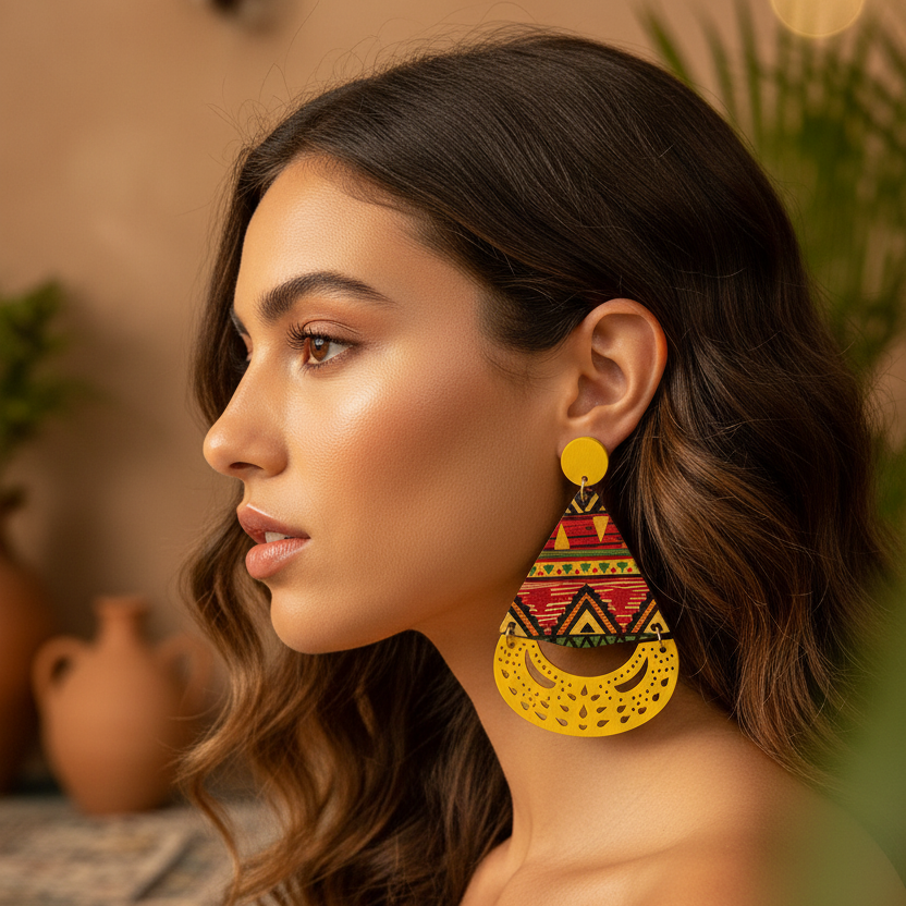 Pair of colorful earrings with geometric patterns on a beige fabric background